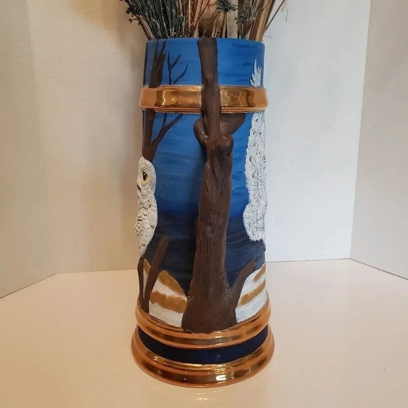 Large Vintage 90s Pottery Stein With Flying  Snow Owls and Tree Branch Handle. - Picture 6 of 9